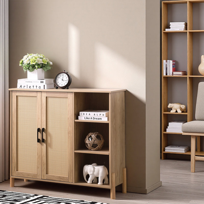 Armoire de rangement Mid-Century moderne avec portes en rotin tissé, tablettes ouvertes et tablettes réglables - parfaite pour le salon et la salle à manger