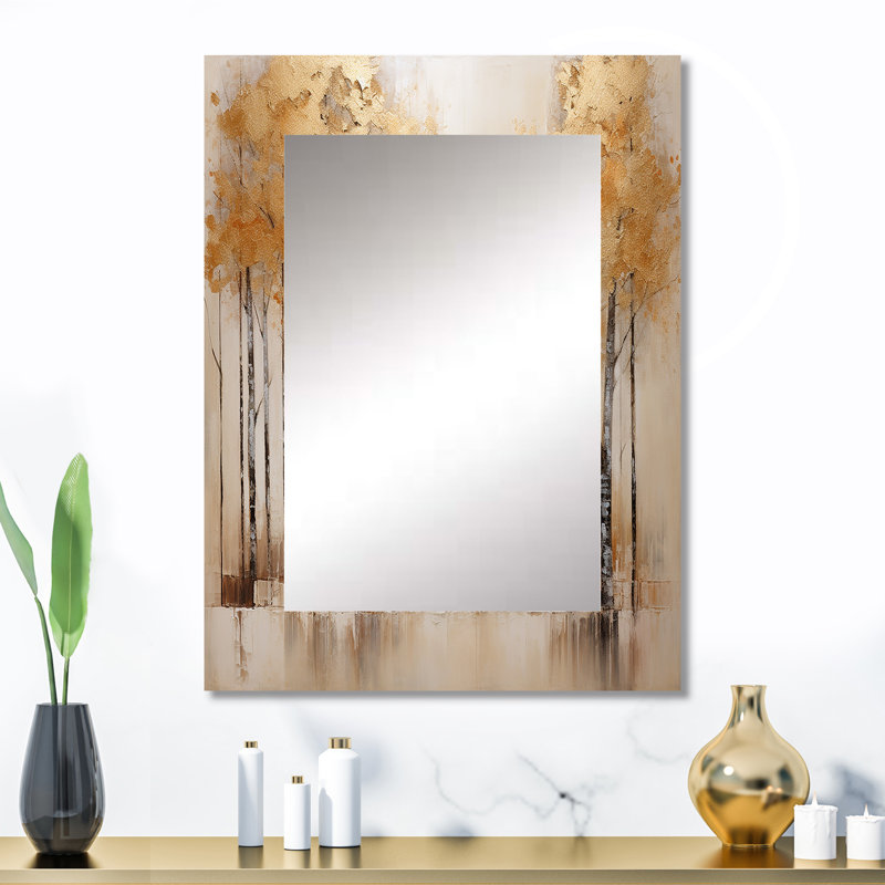 Minimalism Beige And Gold Forest - Forest Decorative Wall Mirror, Traditional Mirror, Printed Metal Art, 32" x 24"
