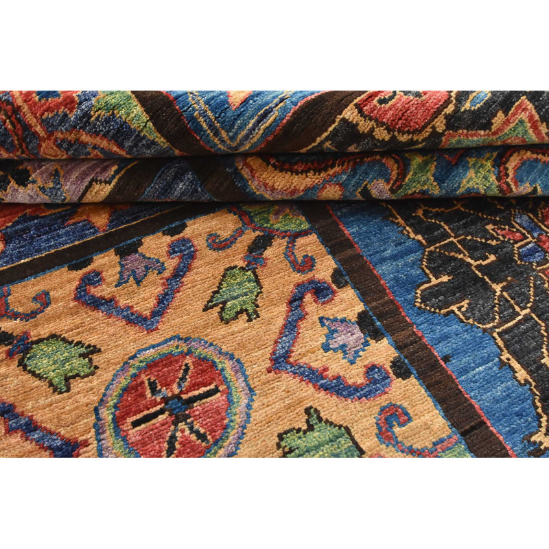 Tapis de couloir unique en laine noué à la main nouvel âge 4 pi 11 po x 13 pi 2 po Jussi bleu / noir / beige