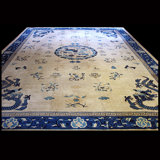 Antique Ivory Beige Cream White 1900s Hand Knotted Pile Large Wool Floral Medallion Rectangle Rug