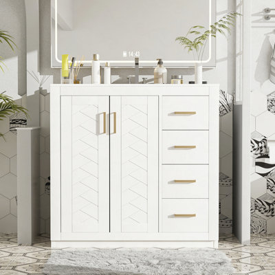 Ensemble de meuble-lavabo 36 po avec lavabo en céramique, armoire de rangement en bois massif, ensemble de meuble-lavabo autoportant avec 3 tiroirs et portes à fermeture douce