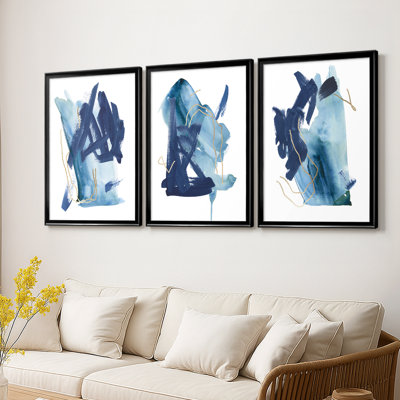 Indigo Collide I  -Custom Framed  Wrapped Gallery Canvas - 3 Pieces
