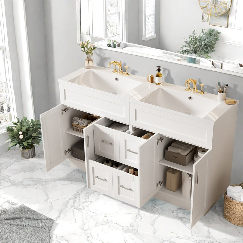 Meuble-lavabo moderne de 60 pouces avec deux lavabos en résine pour salles de bain spacieuses
