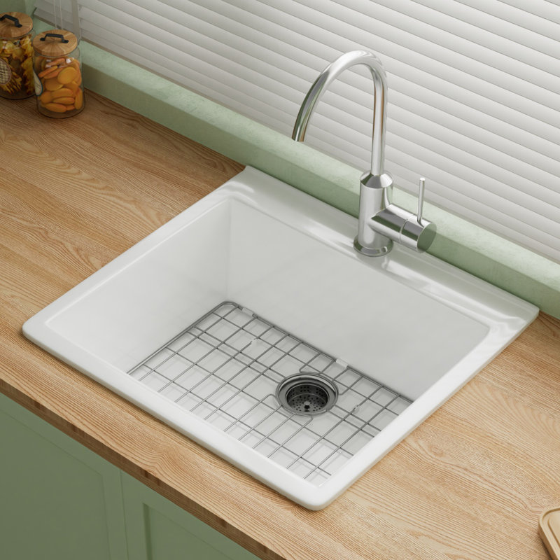 Évier de cuisine encastré en argile réfractaire 1 trou L 24 po x l 22 po blanc pour cuisine et buanderie, 2 accessoires sur mesure inclus