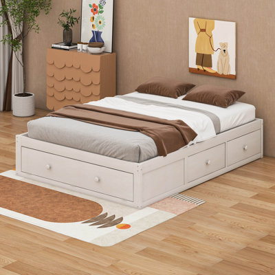 Queen Size Solid Wood Bed With 4 Storage Drawers & Hydraulic Lift Storage, Platform Bed Frame No Headboard