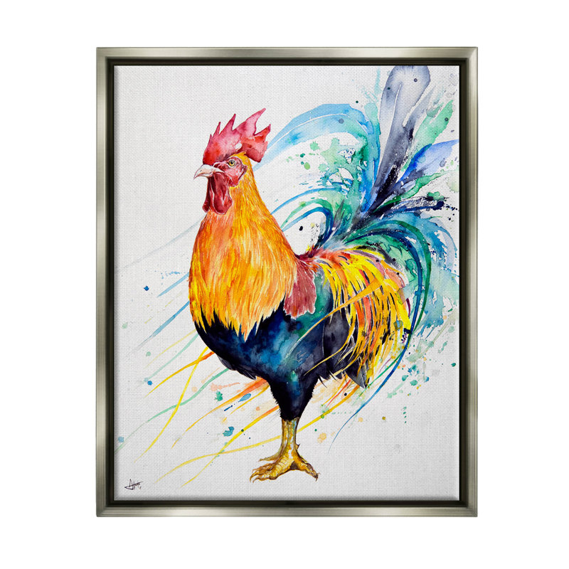 «Modern Rooster Rainbow Splatter» par Marc Allante - peinture à cadre flottant sur toile, H 21 po x l 17 po x P 1,7 po