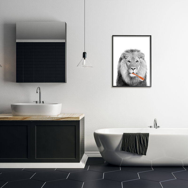 Lion, brossant les dents, salle de bain sur bois par Annalisa Latella, impression, H 24 po x l 30 po x P 1,5 po