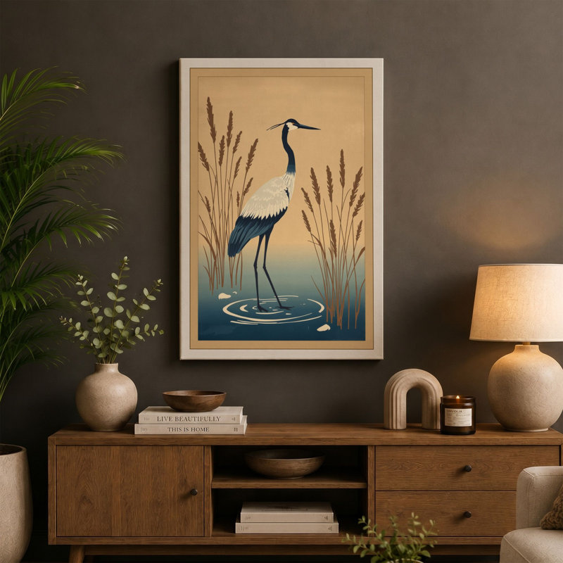 Heron in Shallow Waters Japandi 1 Piece Wrapped Canvas Wall Art, 36x24 - 91.4 x 61.0 cm, Cream Border