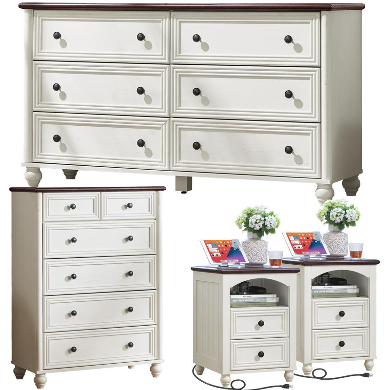 Ensemble de chambre à coucher de ferme 4 pièces avec commode et tables de chevet, ensemble d'armoires de rangement en bois avec station de charge et colonne romaine pour chambre à coucher et salon