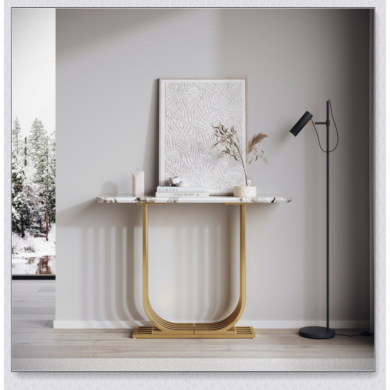 43.3-Inch Accent Table, Console,  Modern Wooden Imitation Marble Counter Top Console Table, Narrow Type, Sofa, Living Room, Bedroom