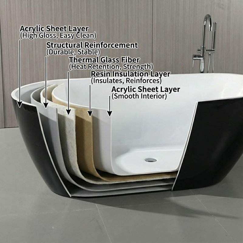 59" Acrylic Freestanding Soaking Bathtub, Modern Square Standalone Tub with Matte Drain & Overflow, Deep Ergonomic Design
