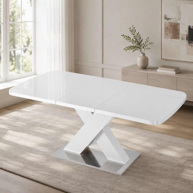 Table de salle à manger rectangulaire, extensible, plateau de table + pied de table en MDF en X avec base en métal