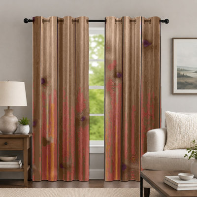 2Pcs Brown Wood-Grain Pattern Curtains, Rustic Style Curtain, Vintage Log Texture Printed Artistic Grommet Drapes, Window Treatment for Bedroom Living Room Decor
