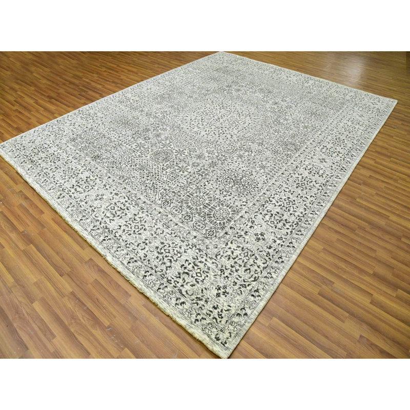 9'1"x12' White Undyed 100% Wool Hand Knotted Mamluk Dynasty Design Rug G79679