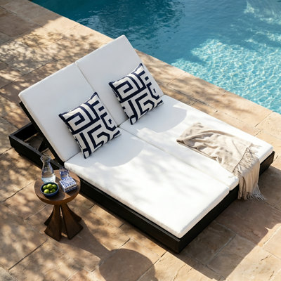 Hapeville Patio Acacia Wood Double Chaise Lounge with Cushions & 5 Adjustable Positions