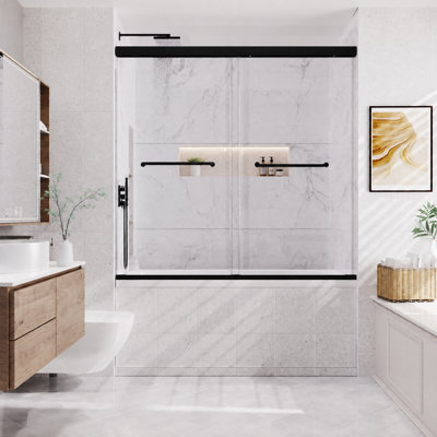 Porte de baignoire coulissante double semi-encadrée de 142 à 152 cm (L) x 147 cm (H) avec roulettes silencieuses, verre trempé de 6 mm (1/4 po) avec revêtement nano facile à nettoyer, fini noir mat