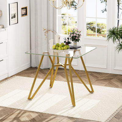 Table de salle à manger de 35,4 pouces carrée en verre trempé doré pour la chambre ou le bureau, avec des pieds en métal modernes, un salon approprié, facile à nettoyer et imperméable