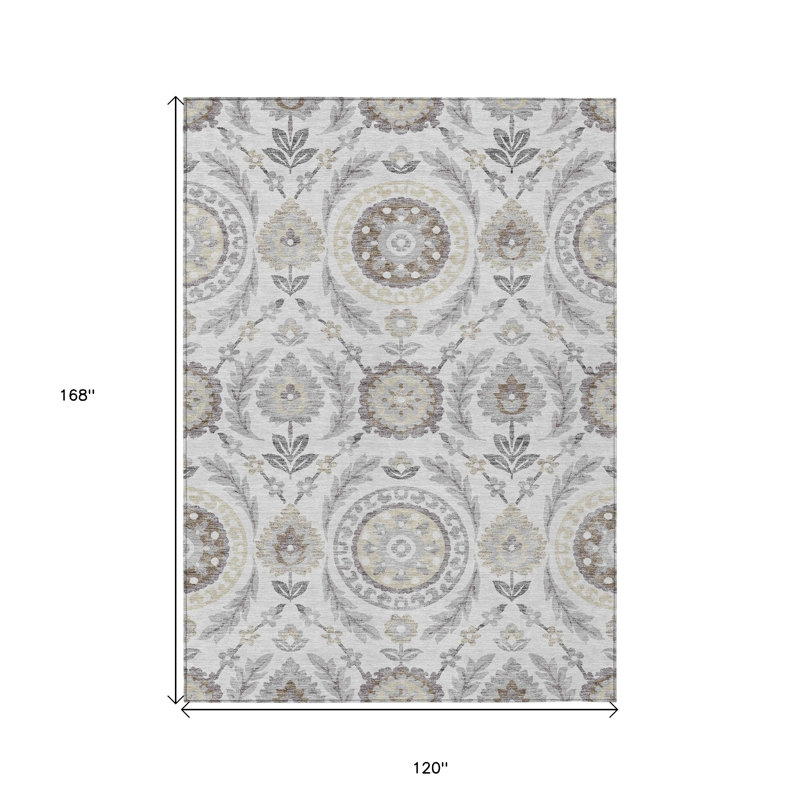 Tapis extérieur lavable floral gris argenté et taupe 10 pi x 14 pi