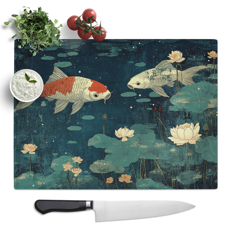 Koi Fish Pond  Glass Chopping Board