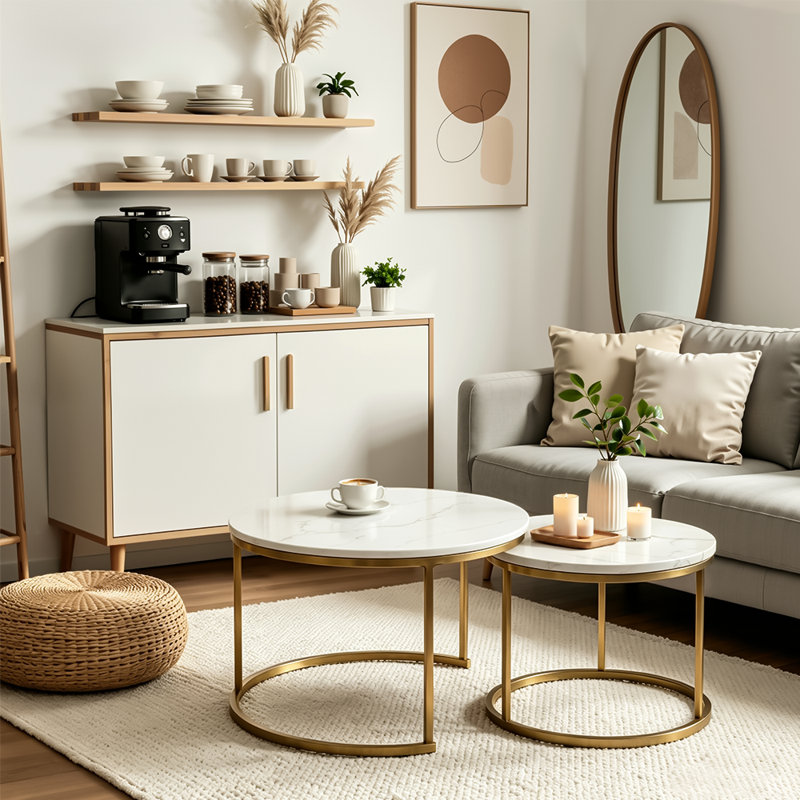 Table d'appoint 2 pièces ronde avec structure en métal et tables d'appoint en bois, Blanc, Gold