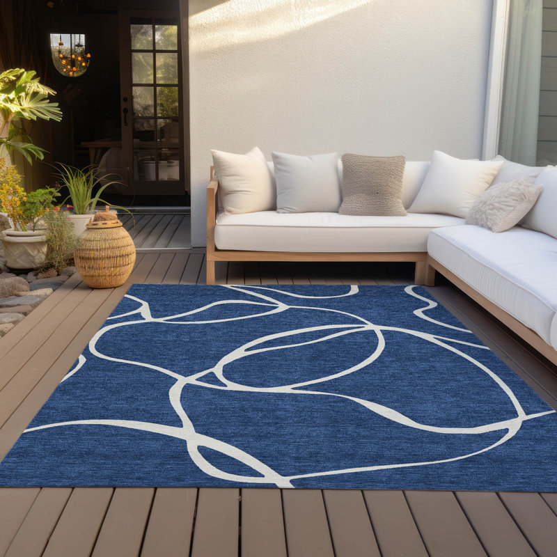 Navy and White Synthetic Flat Woven Washable Rug