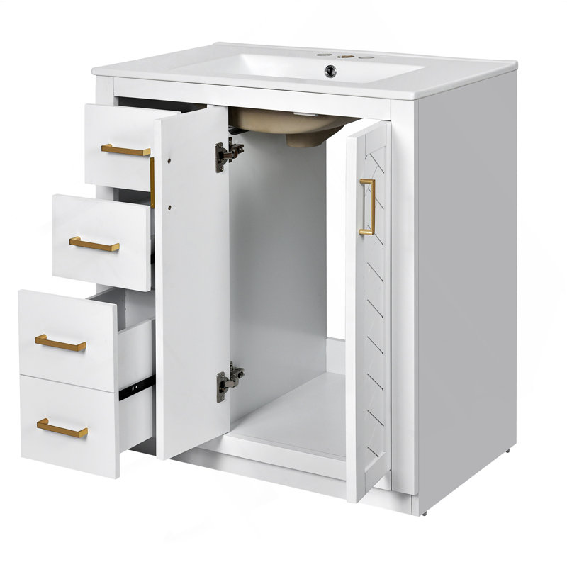 Ensemble de meuble-lavabo 30 po avec lavabo en céramique, meuble de rangement à cadre en bois, ensemble de meuble-lavabo autoportant avec 3 tiroirs et portes à fermeture douce