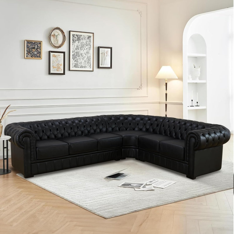 3-Piece Cow Top Leather Sectional Sofa, Right Hand Facing, Black Genuine Leather