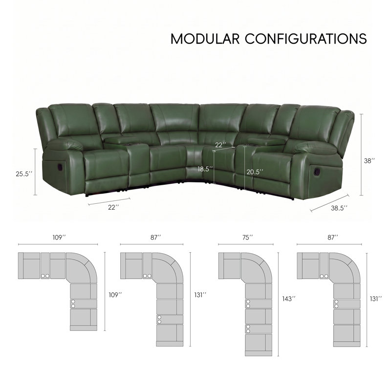 Canapé d'angle en L inclinable manuellement 7 pièces en similicuir avec consoles, Olive
