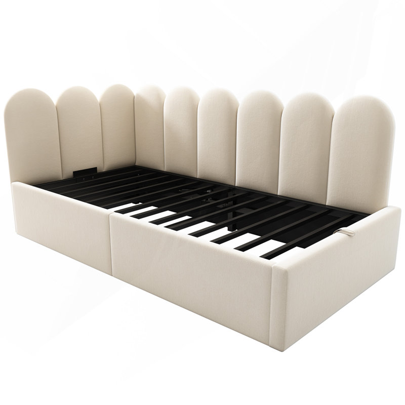 Twin Size Velvet Daybed with Hydraulic Storage, Upholstered Single Sofa Bed Frame with Metal Slat Support, No Mattress, Beige
