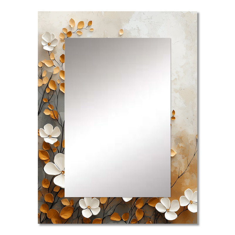 Fleurs de cerisier blanc or blanc Botanical Florals II - miroir mural décoratif fleur de cerisier, miroir traditionnel, impression d'art en métal