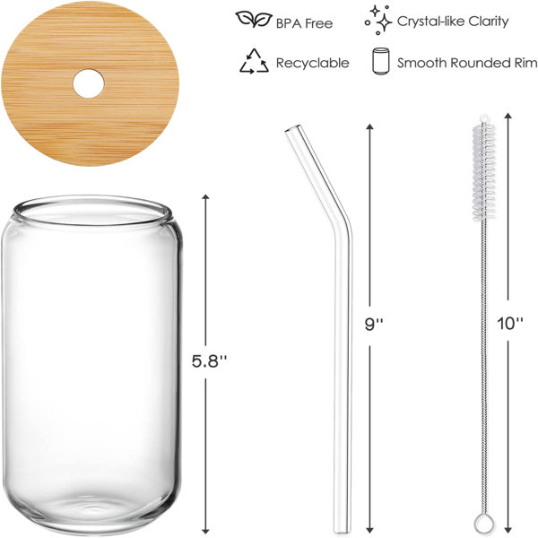 4pcs Set - 16oz Can Shaped Glass Cups with Glass Straw - Perfect for Beer,  Iced Coffee, Tea, and Water - Includes Cleaning Brushes - Stylish and Durab