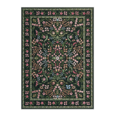 Washable Area Rug, Boho Floral Soft Rugs for Living Room, Non Slip Low Pile Carpet for Bedroom, Dining Room, Nursery, Hallway, Green