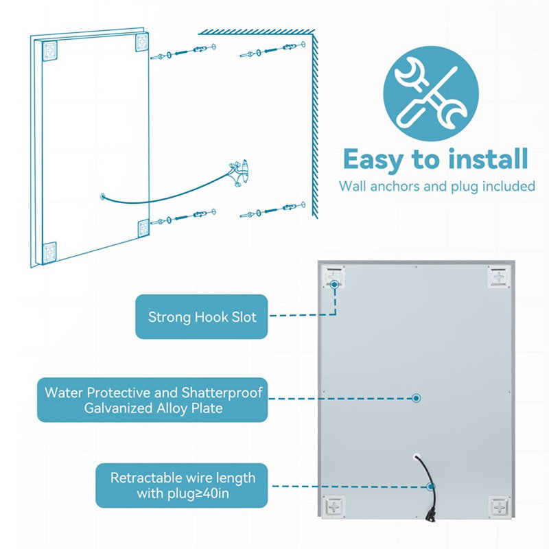 Miroir lumineux pour salle de bain 36 po x 28 po avec DEL, 5 minutes, 3 couleurs réglables