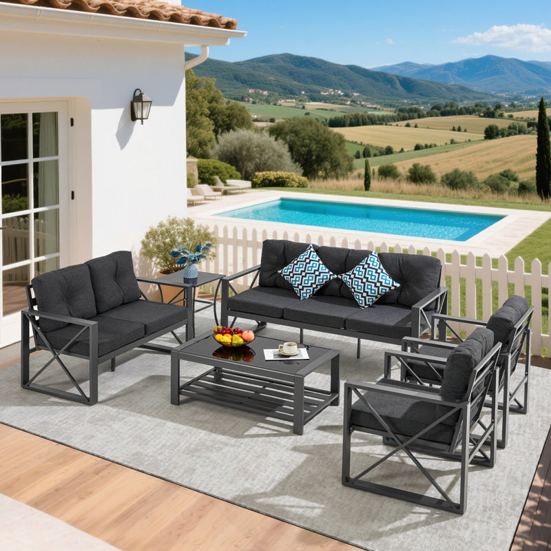 6 Pieces Metal Patio Furniture Set, Outdoor Seating Furniture With Loveseat Ideal For Indoor Porch Deck Bistro Lawn Garden Backyard Poolside