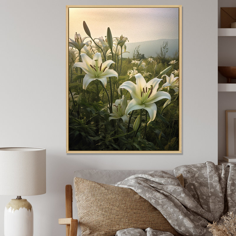 Jardin de champs de lys blancs sur toile, Cadre naturel flottant, H 32 po x l 16 po x P 1 po
