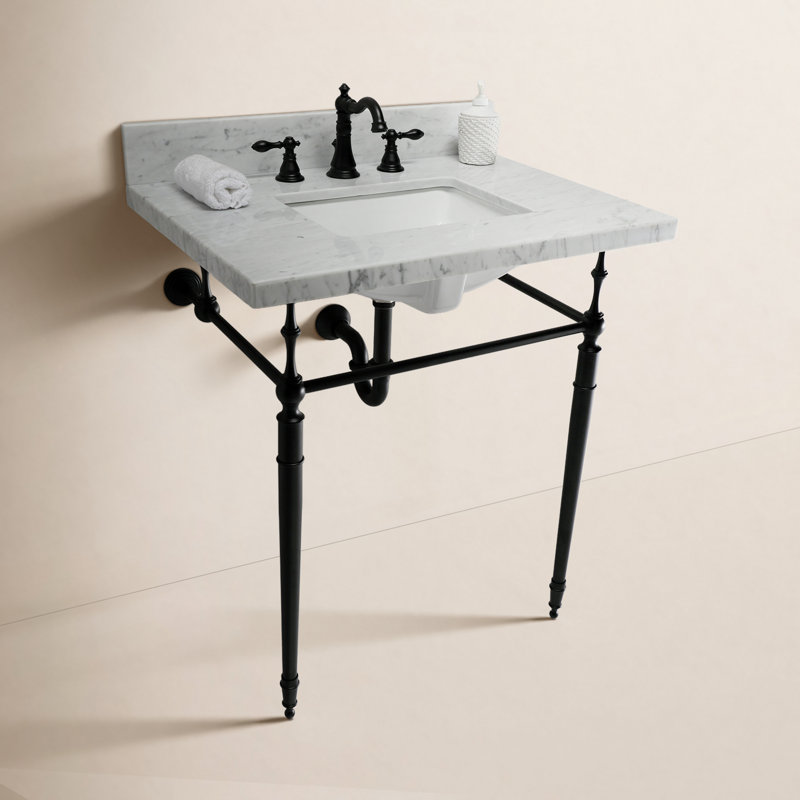 Lavabo de salle de bain console rectangulaire en céramique avec trop-plein Edwardian, Marbre blanc / noir mat