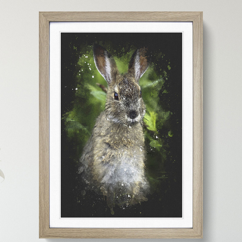 Brown Rabbit Paint Splash - Picture Frame Graphic Art, 65cm H x 48cm W x 2cm D, Oak