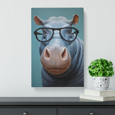 Hippo with Glasses Painting - Wrapped Canvas