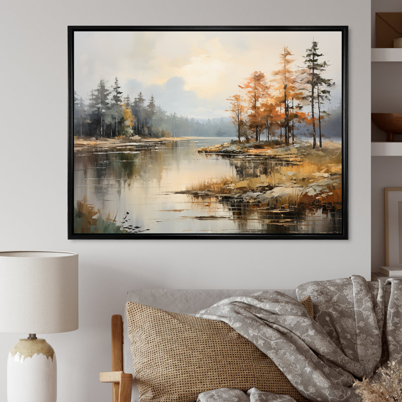 «Lakeside Fall Foliage Serenity II - Lake River», art mural, H 30 po x l 40 po x P 1,5 po, Cadre flottant noir