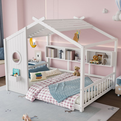 Lit double pleine grandeur pour enfant - Lit Montessori pour enfants avec tablette de rangement, lit de jeu amusant avec toit pour un sommeil confortable, blanc