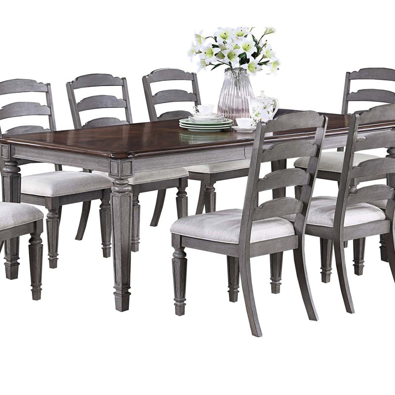 Table à manger classique 9 pièces avec table en tissu gris et 8 chaises d'appoint à dossier plaqué