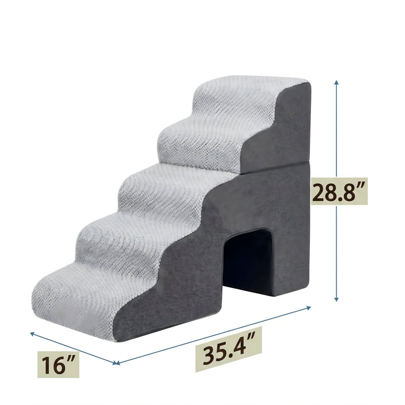 Escalier pour animal de compagnie à cinq niveaux avec tunnel intégré pour lits hauts, conçu pour les petits chiens et les chats, pliable pour un rangement facile, marche intérieure antidérapante et équilibrée, gris foncé