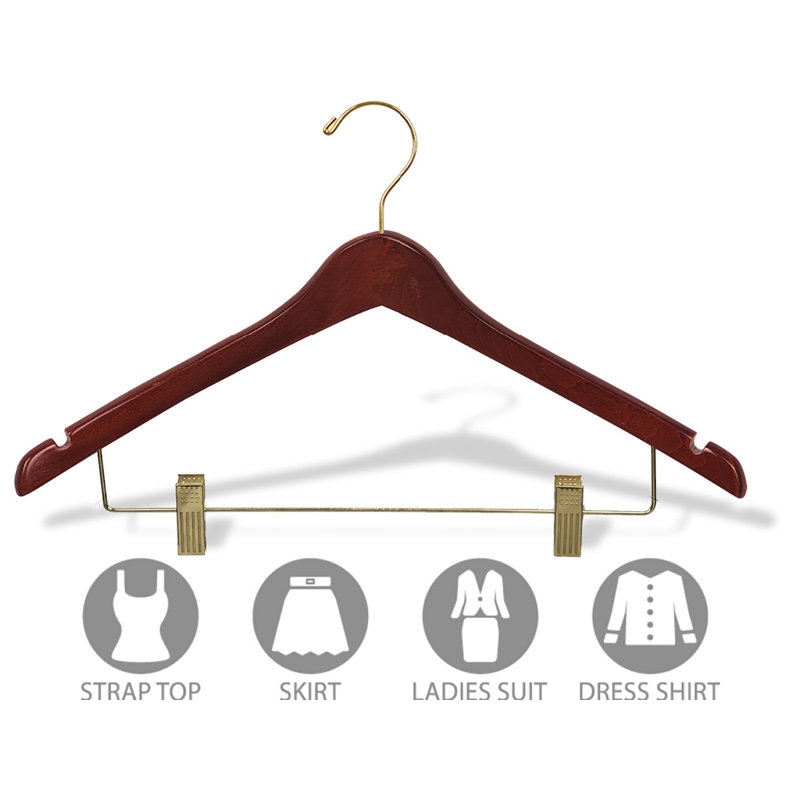 Cintre combiné en bois courbé avec pinces de coussin réglables pour robe / chandail / chandail, Noyer / Laiton