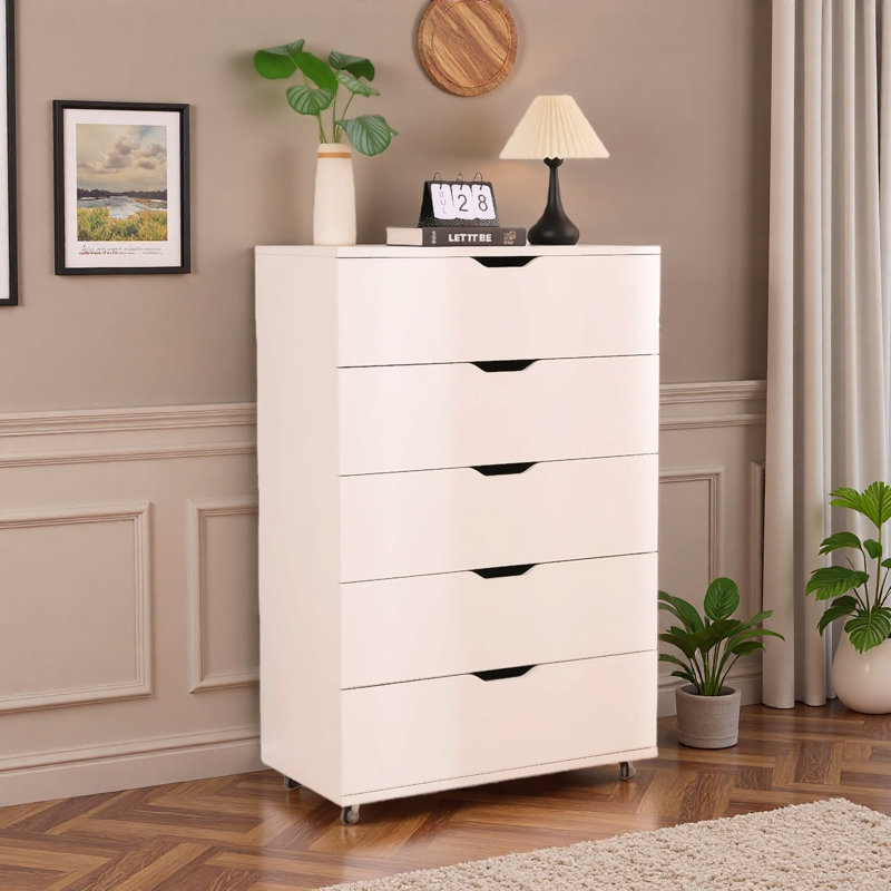 Commode à 5 tiroirs avec roulettes Accent, Blanc