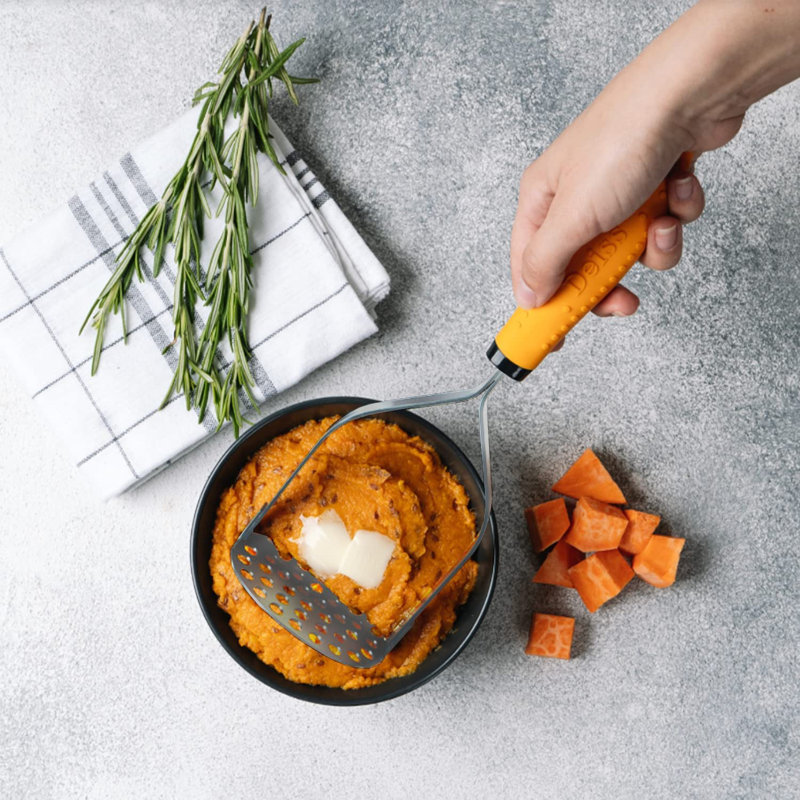 Heavy Duty Stainless Steel Potato Masher with Orange Rubber Handle