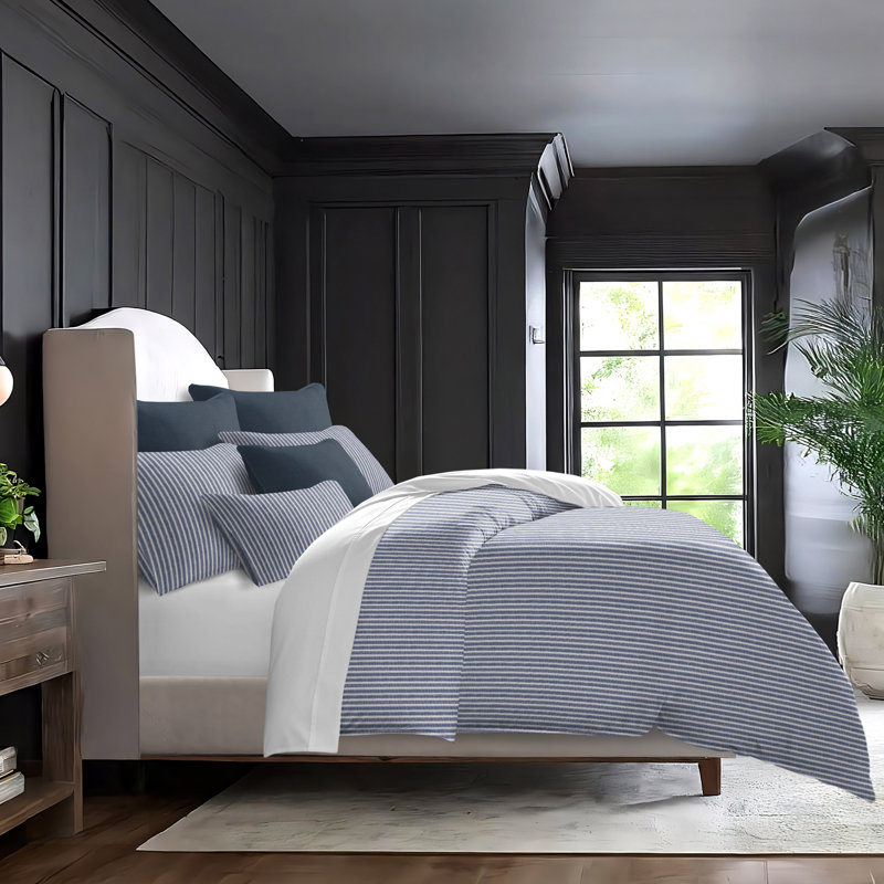 Walker Ticking Stripe Indigo/White Cotton Coverlet Set, Full Coverlet / Bedspread + 2 Standard Shams
