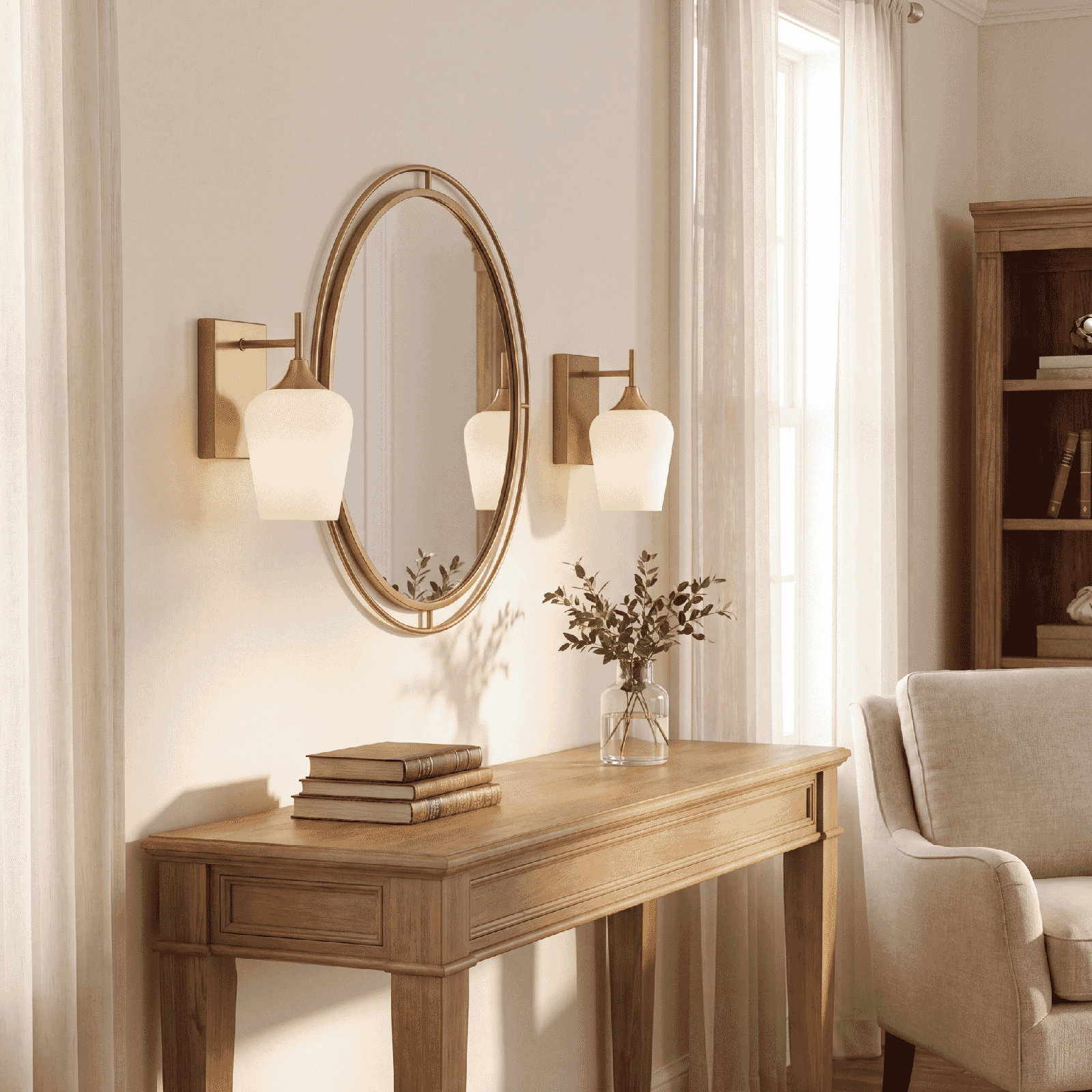 Breena Single Light Dimmable Armed Sconce, Warm Brass, White