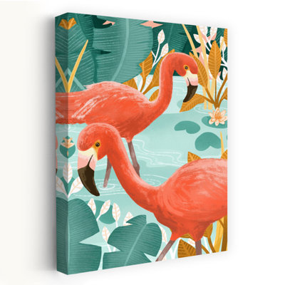 Art contemporain, paysage abstrait, oiseau, flamant, forêt, paysage