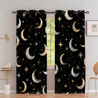 2PCS Grommet Top Blackout Window Curtains, Celestial Starry Moon Galaxy Polyester Printed Drapes, Thermal Insulated, Noise Reducing, Privacy Protection, Room Darkening Decorative Window Treatments for Bedroom Living Dorm Indoor Home Decor