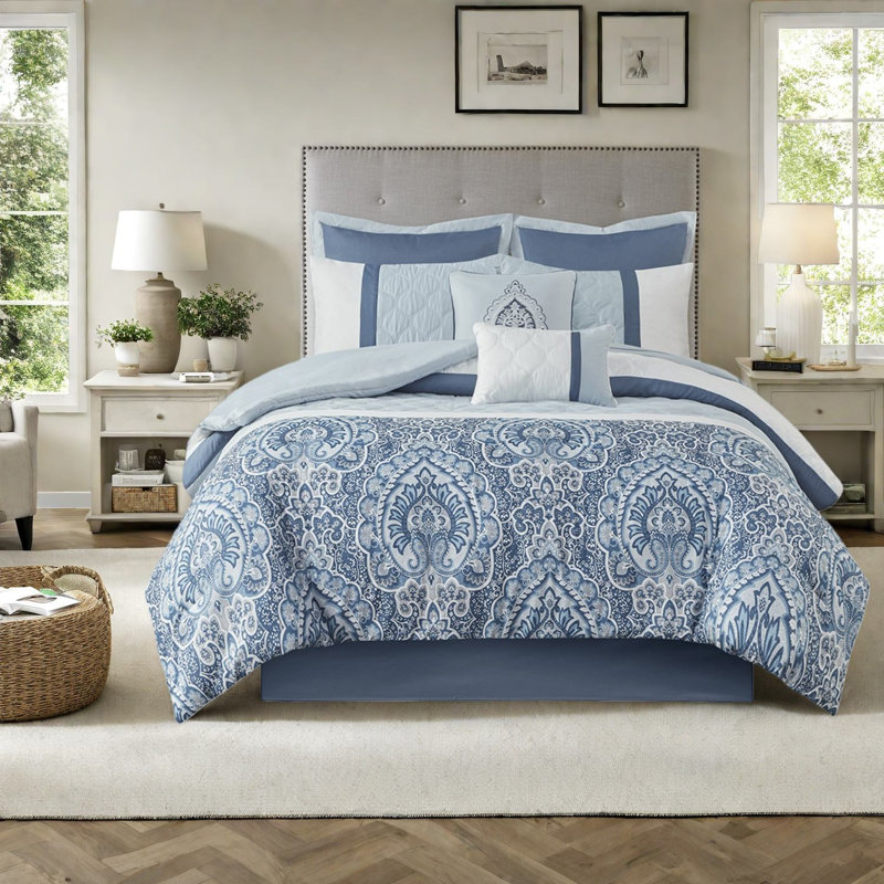 Ensembles de literie de luxe pour très grand lit, polyester damassé matelassé bleu